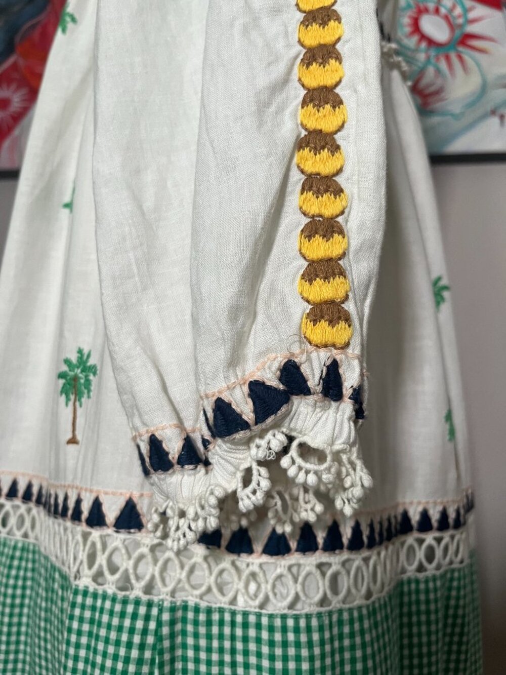 FARM Rio Embroidered Palm Tree Gingham Green White Maxi Dress - Picture 6 of 12